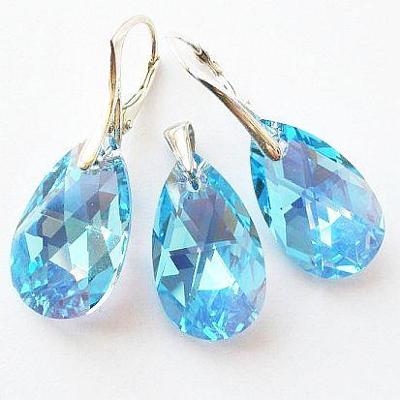 Stříbrná souprava pear crystal Swarovski aqua